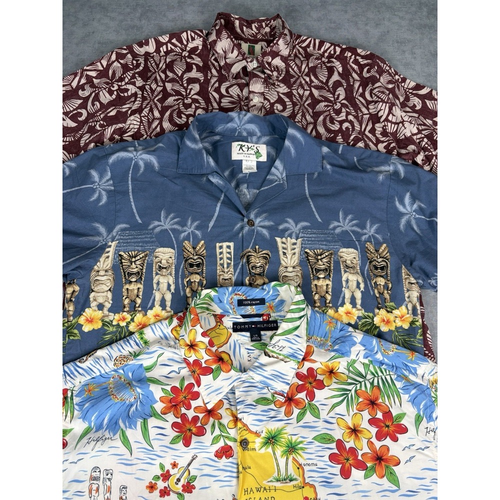 Hawaiian Aloha Shirt Lot L Tommy Hilfiger Tori Richard KY's Made Hawaii Rayon